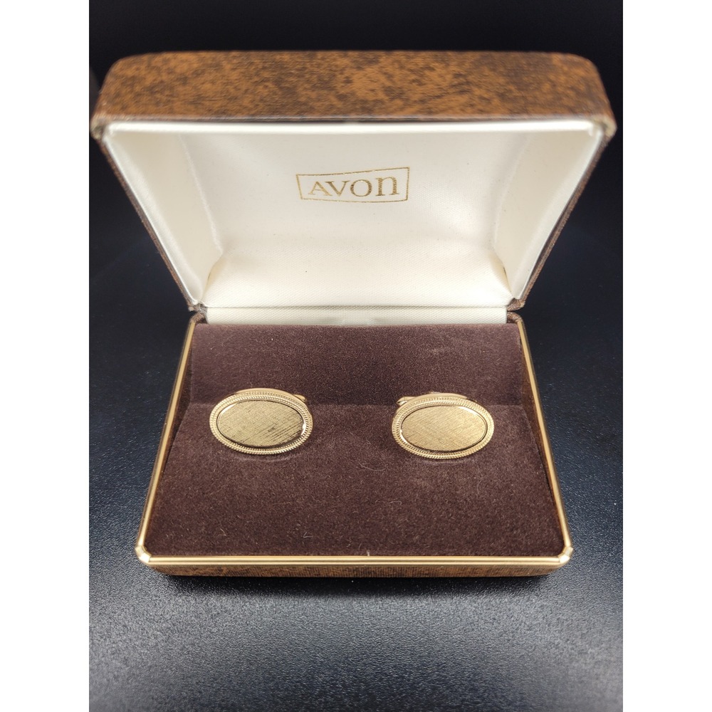 Avon Cufflinks Gold Tone Oval Brushed Texture Rope Border with Box Excellent